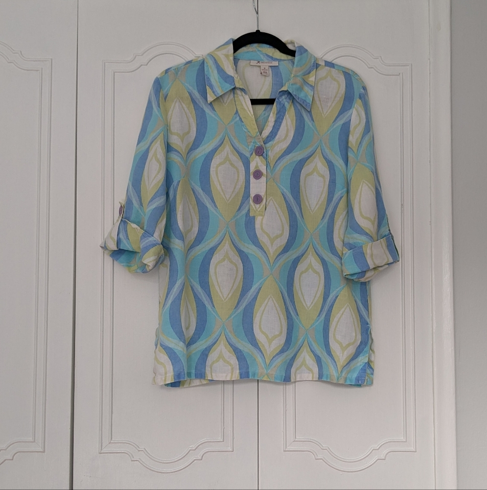 JM Collection Women's 100% Linen Blue and Green Patterned Blouse Size 12